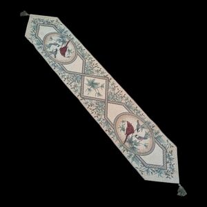 Vintage 80s Red Cardinal Birds Tapestry With Green Tassel Dining Table Runner